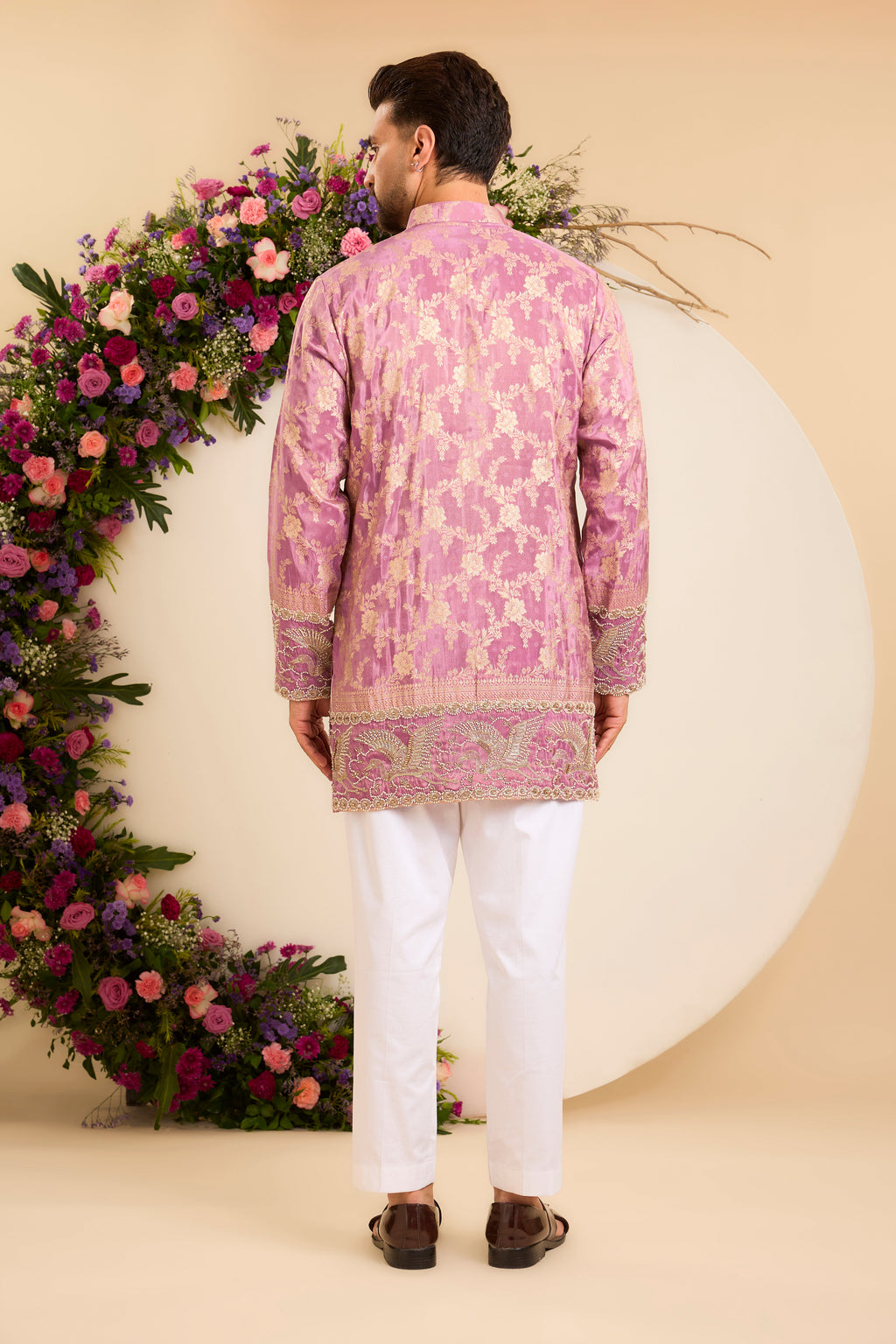 Purple  Tissue Kurta with a Flamingo-Embroidered Ghera