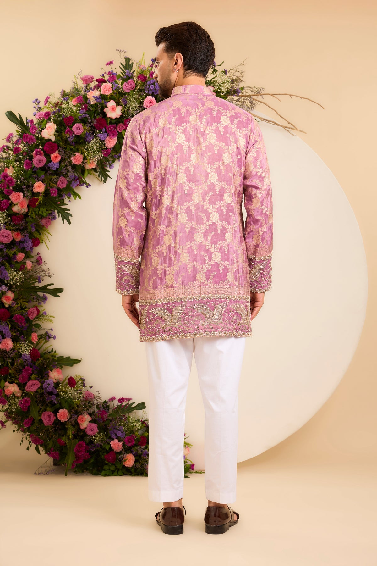 Purple  Tissue Kurta with a Flamingo-Embroidered Ghera