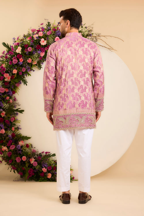 Purple  Tissue Kurta with a Flamingo-Embroidered Ghera