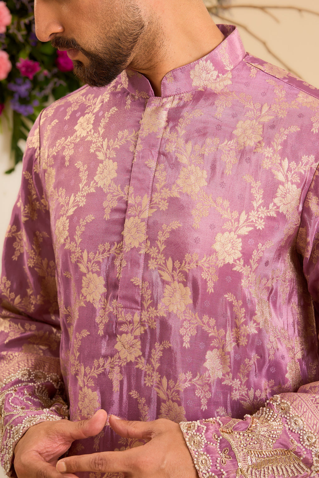 Purple  Tissue Kurta with a Flamingo-Embroidered Ghera