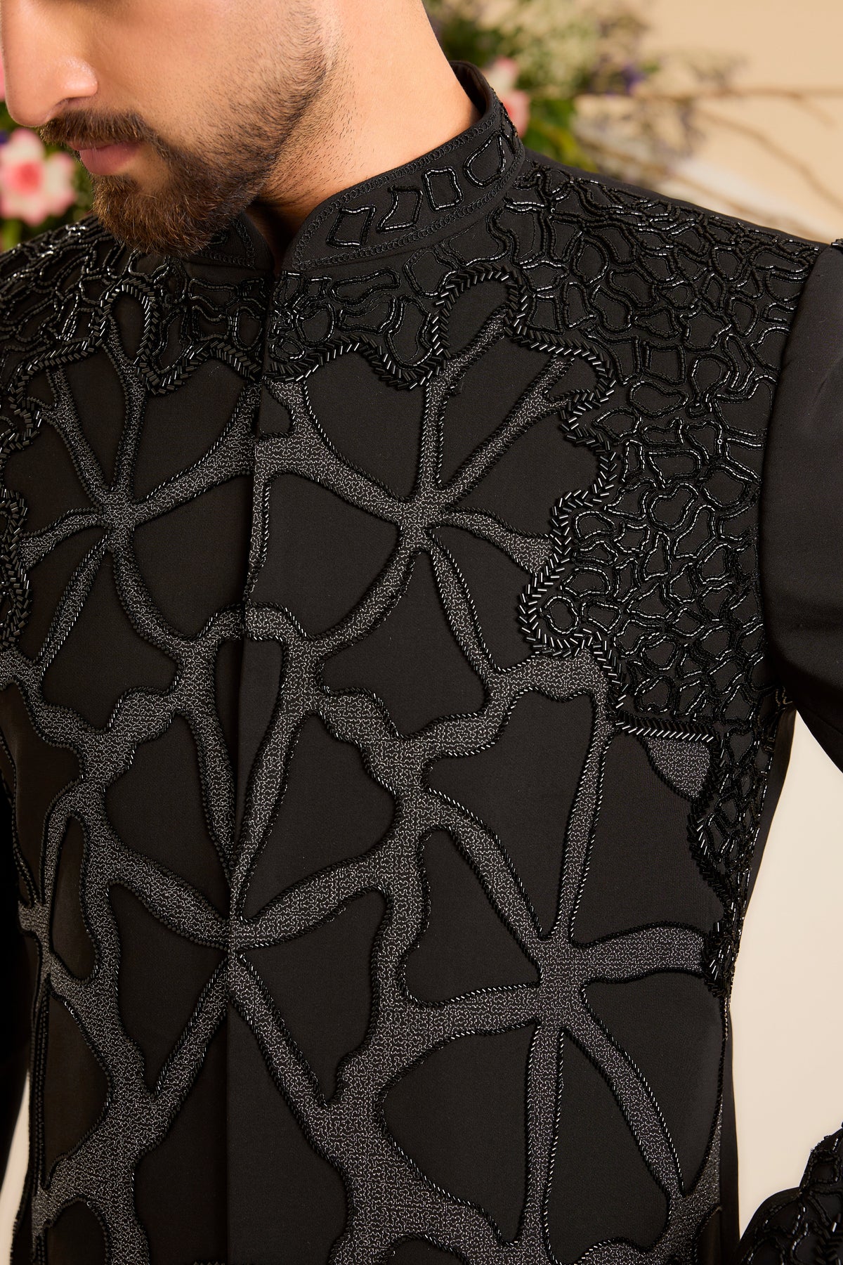 Sculptural Black Cut-Dana Work on a Contemporary Sherwani