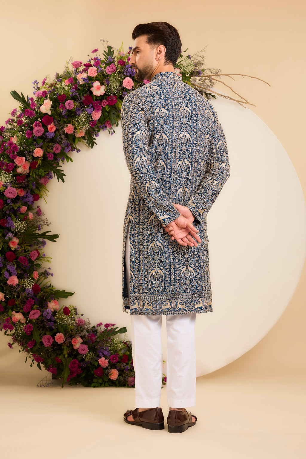 A Regal Blue long Kurta Woven with Ornate Zari Details