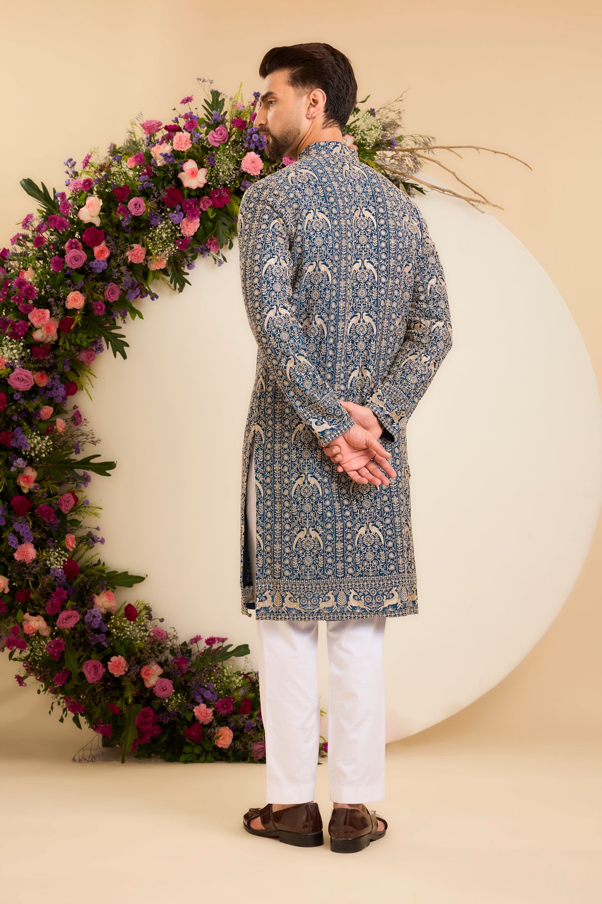 A Regal Blue long Kurta Woven with Ornate Zari Details