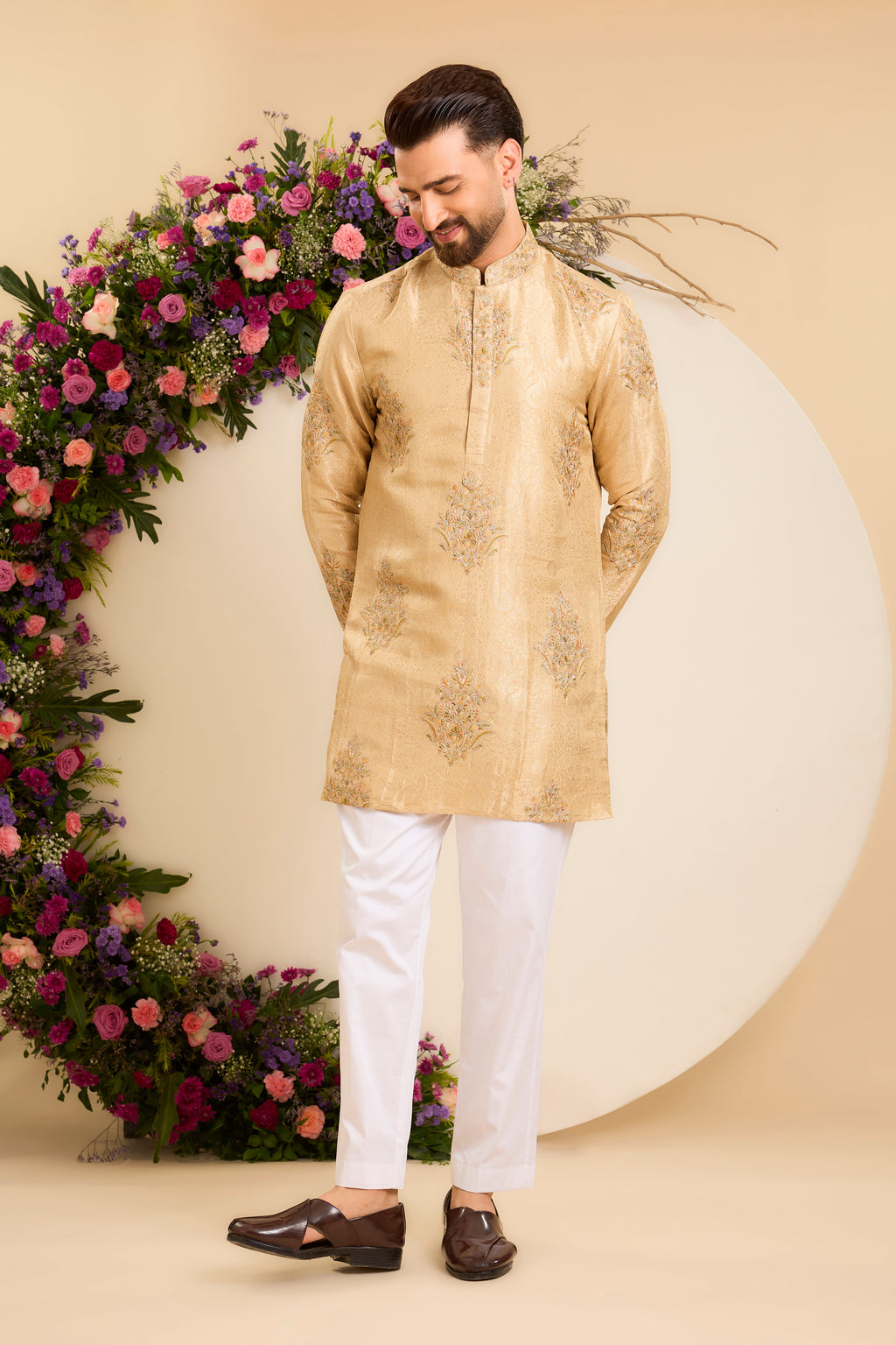 A Burnished Gold  Kurta Adorned with Floral Embroidery