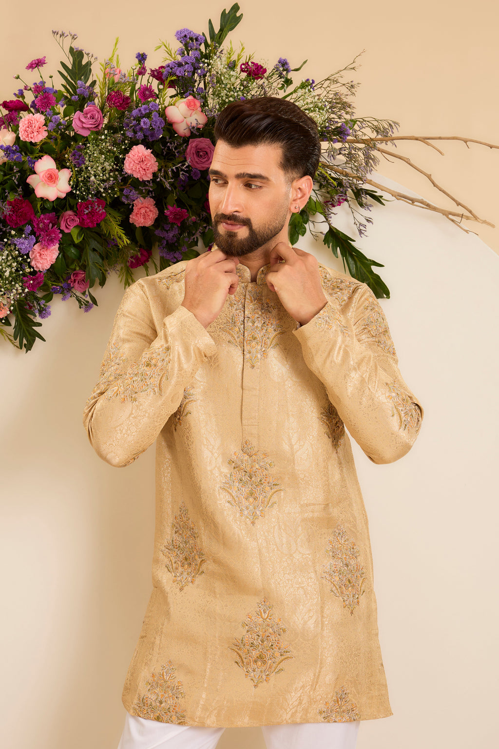 A Burnished Gold  Kurta Adorned with Floral Embroidery
