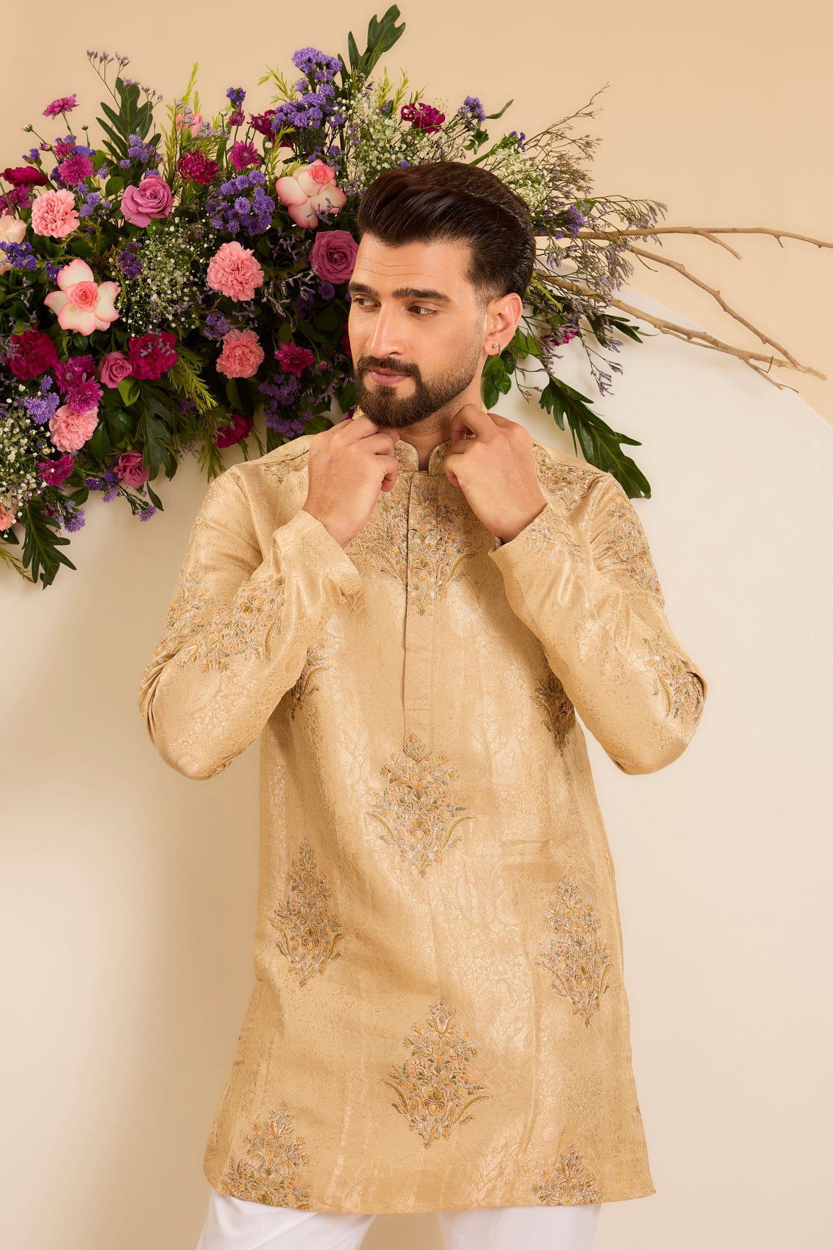 A Burnished Gold  Kurta Adorned with Floral Embroidery