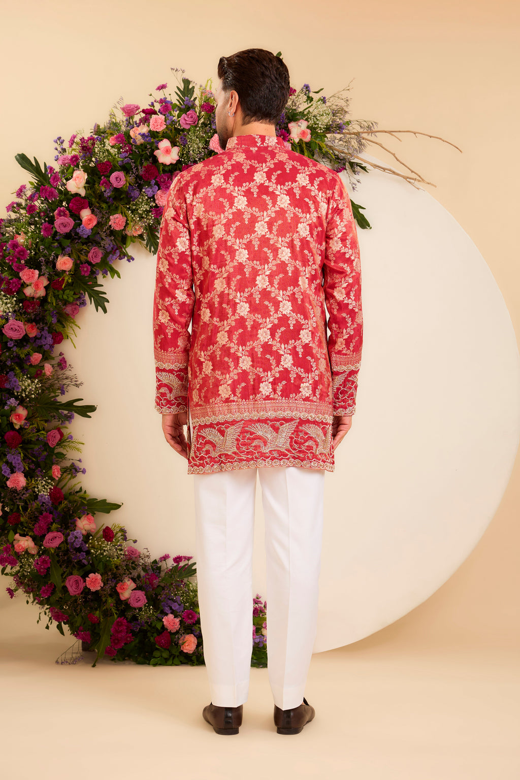 The Fiore — Red-orange Brocade Tissue Kurta with Regal Flamingos