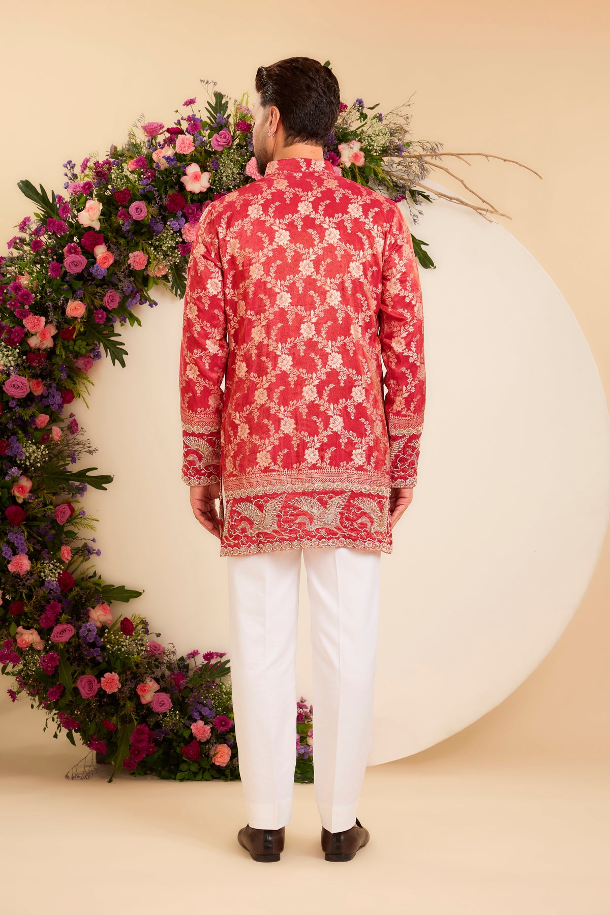 The Fiore — Red-orange Brocade Tissue Kurta with Regal Flamingos