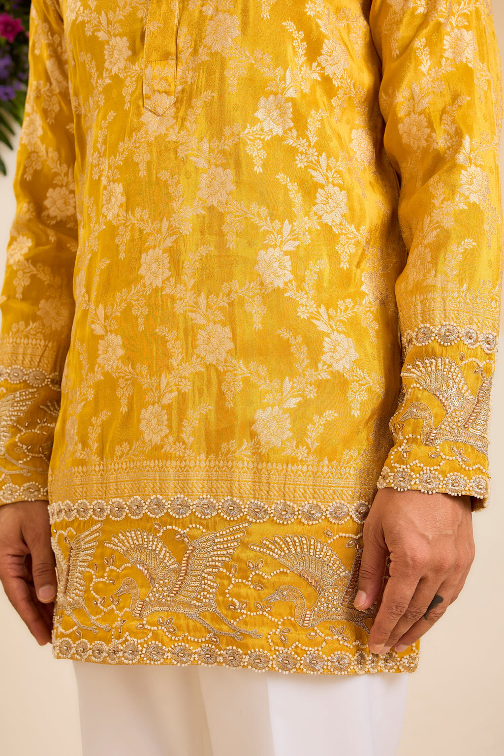 The Solenne — A Mustard yellow Brocade Tissue Kurta with Regal Flamingos