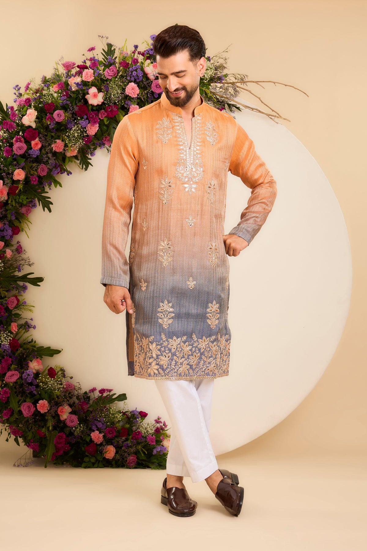 The Amara — A Textured Ombre Kurta with Floral Leatherwork