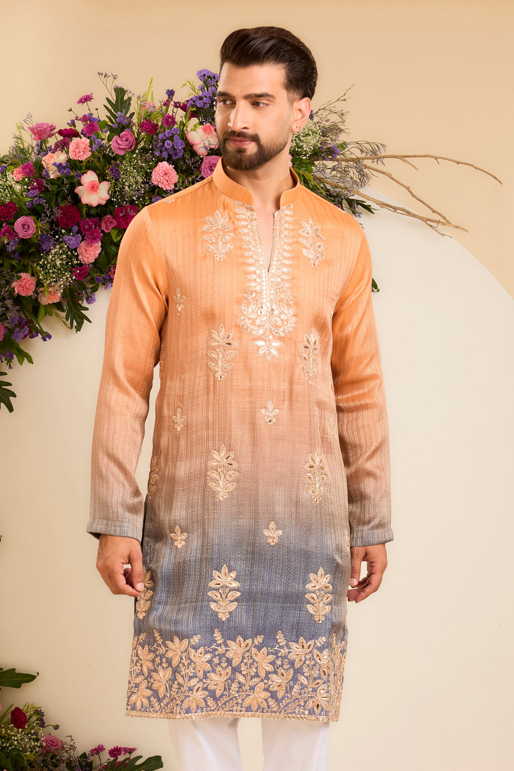 The Amara — A Textured Ombre Kurta with Floral Leatherwork
