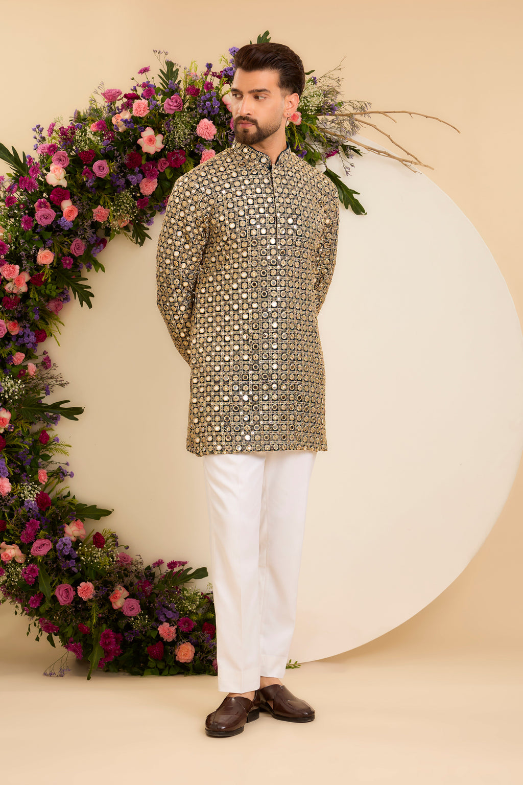Teal short mirror work kurta drapped in zari