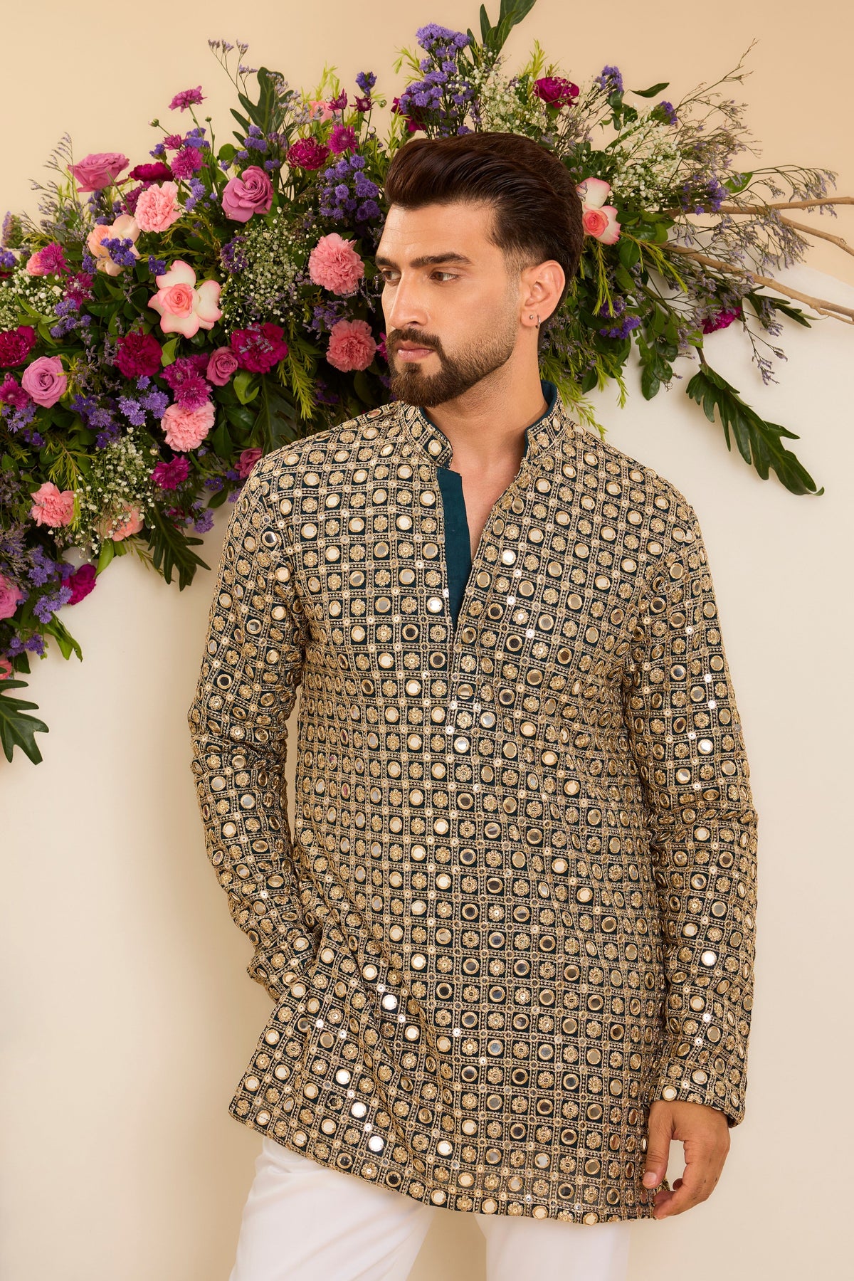 Teal short mirror work kurta drapped in zari