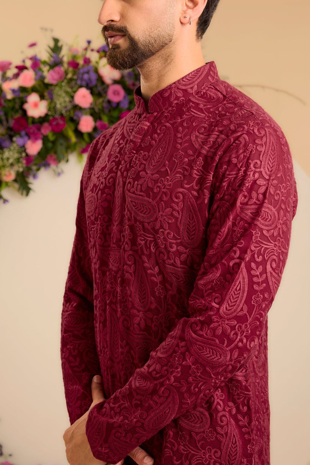 A  red/maroon chikankari Short Kurta with Intricate Paisley Embroidery