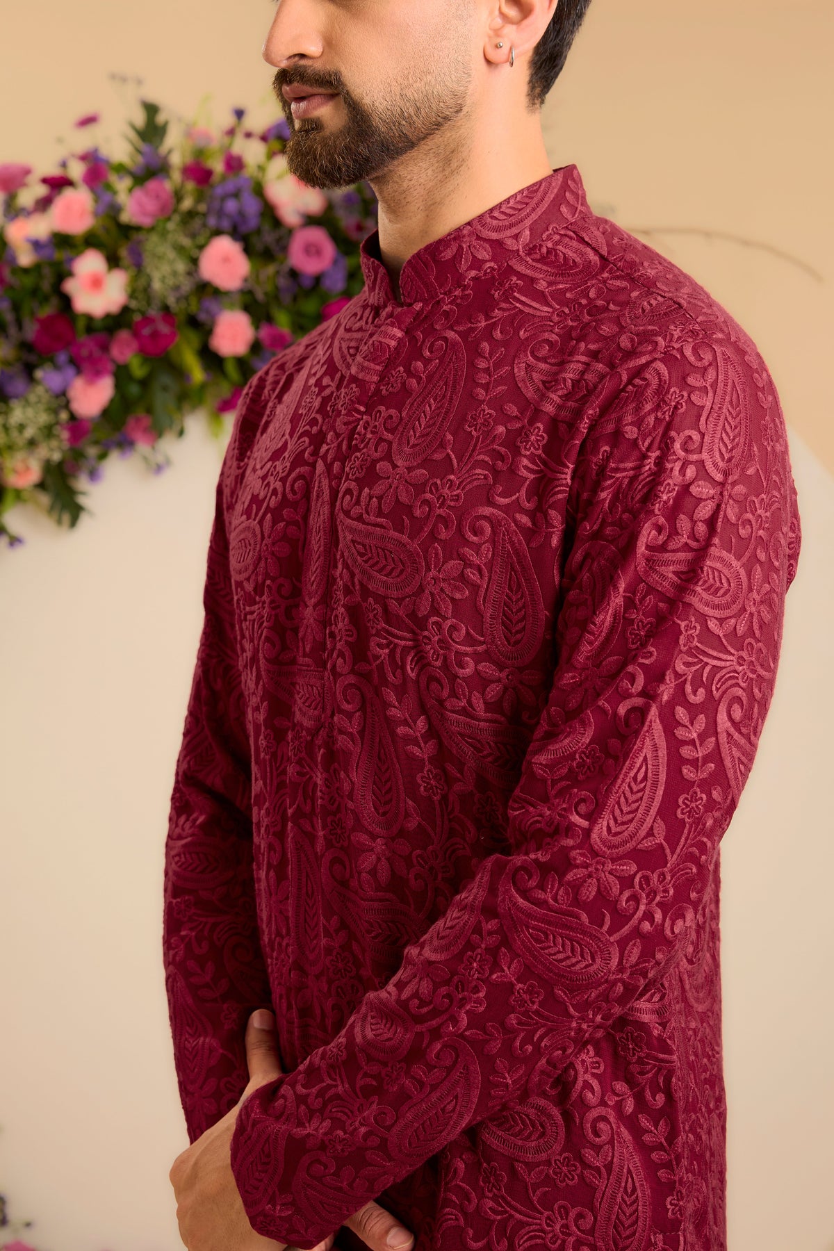 A  red/maroon chikankari Short Kurta with Intricate Paisley Embroidery