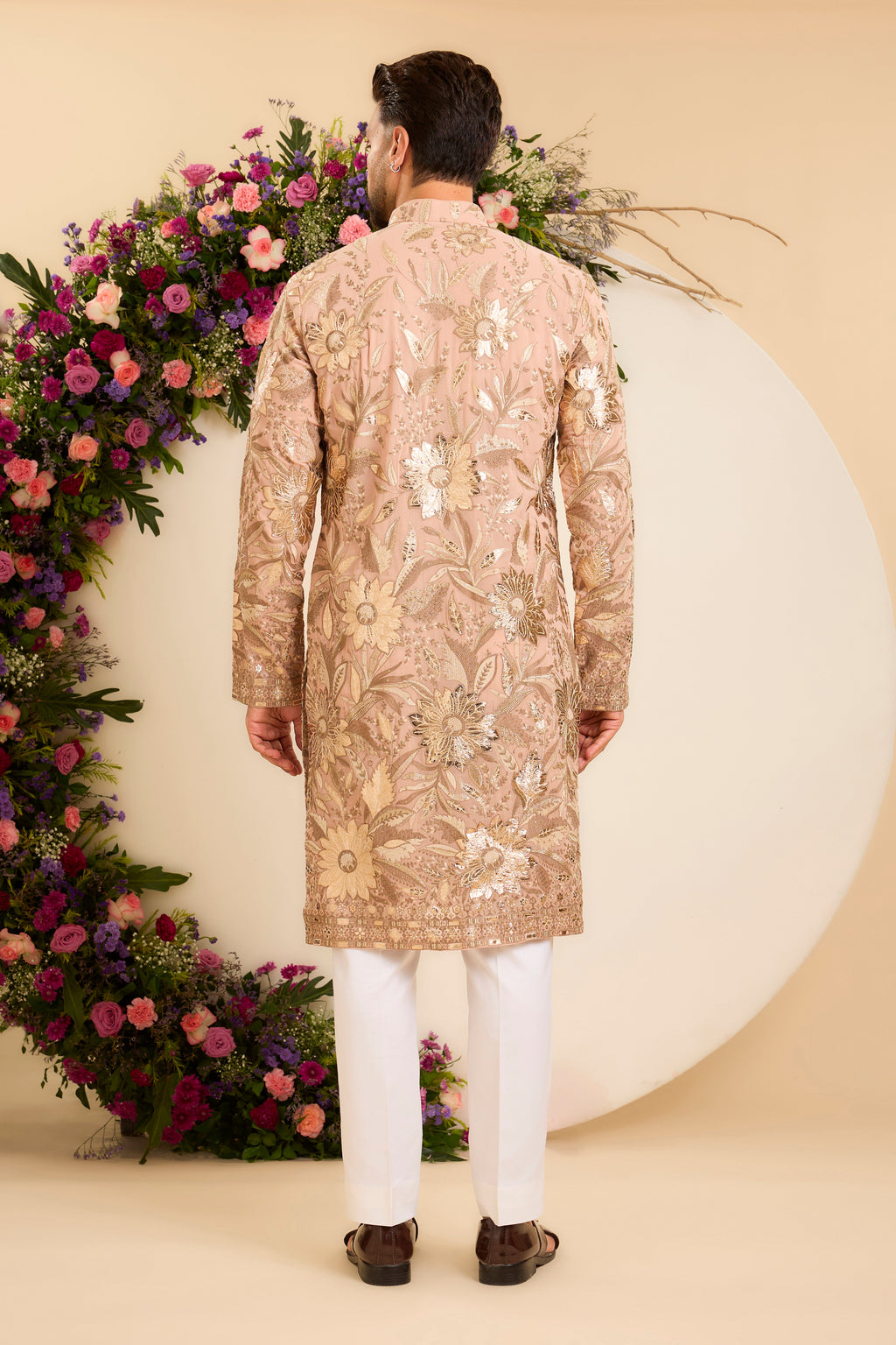 The Fleur — A Pink Peach floral Kurta Richly Detailed with Leather patchwork