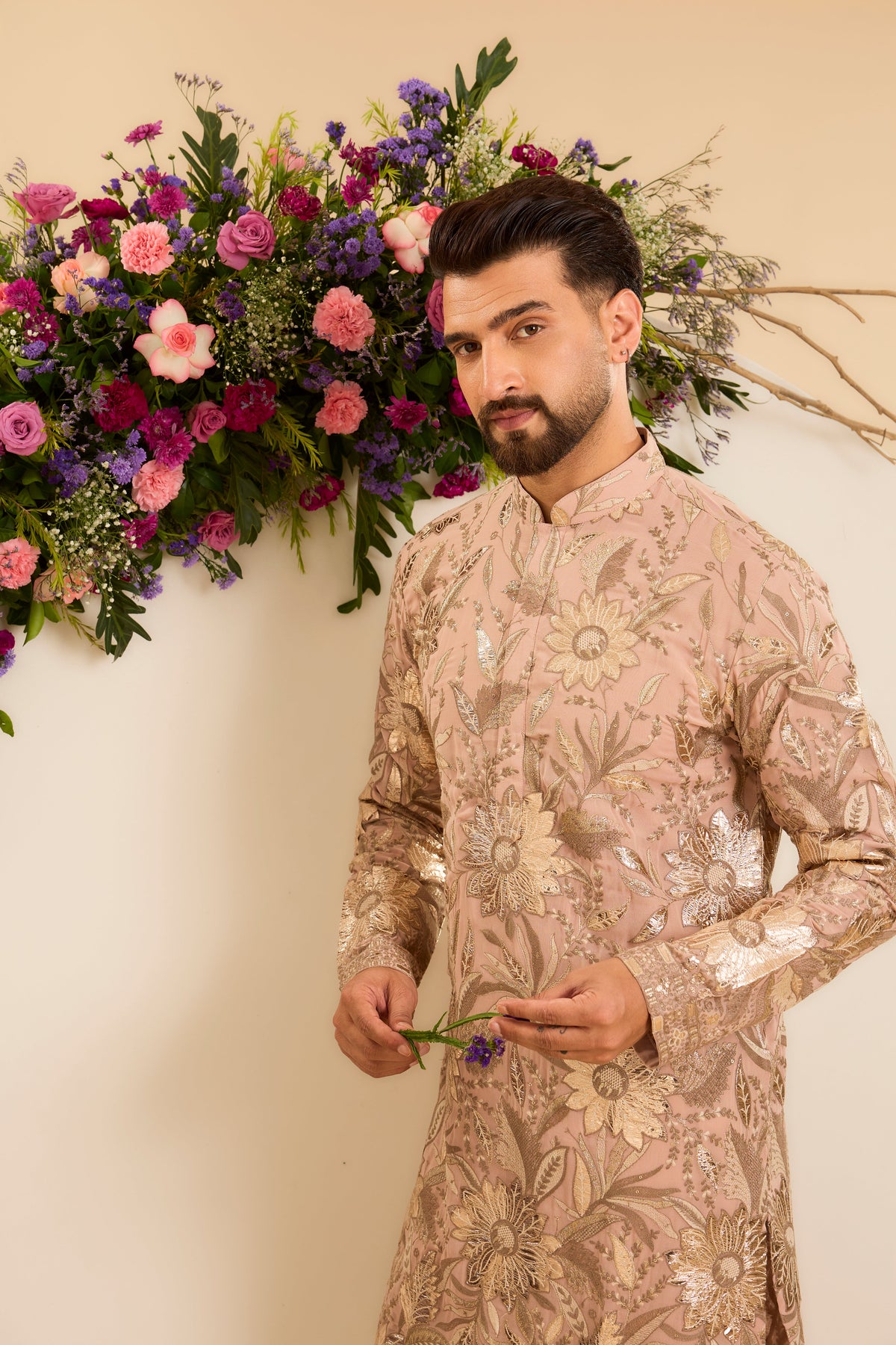 The Fleur — A Pink Peach floral Kurta Richly Detailed with Leather patchwork
