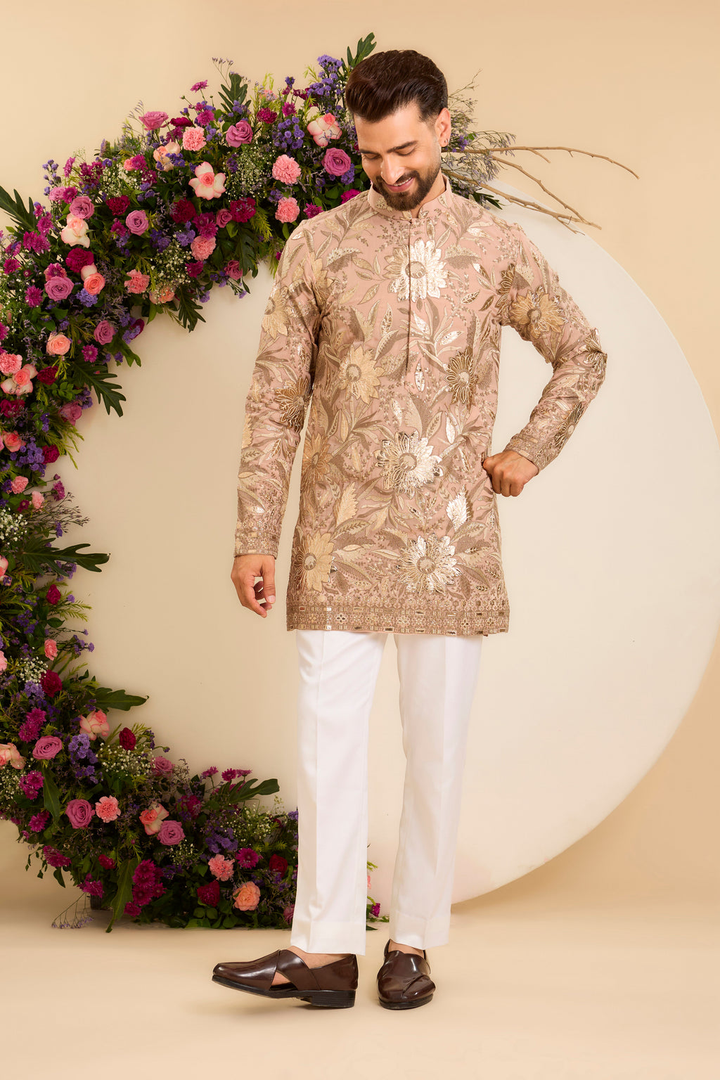 The Fleur — A Pink Peach floral short Kurta Richly Detailed with Leather patchwork