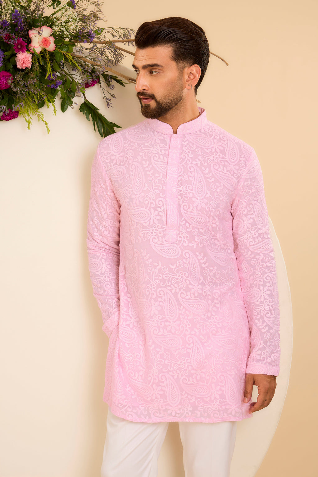 Pink Short chikankari Kurta with Intricate Paisley Embroidery