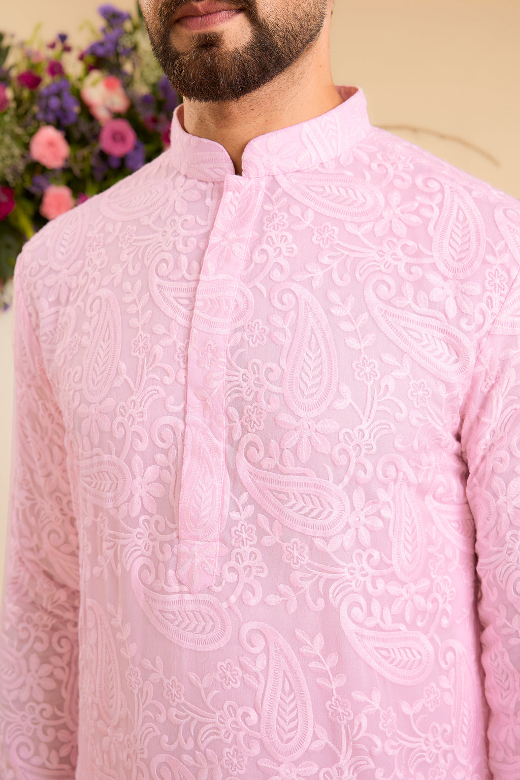 Pink Short chikankari Kurta with Intricate Paisley Embroidery