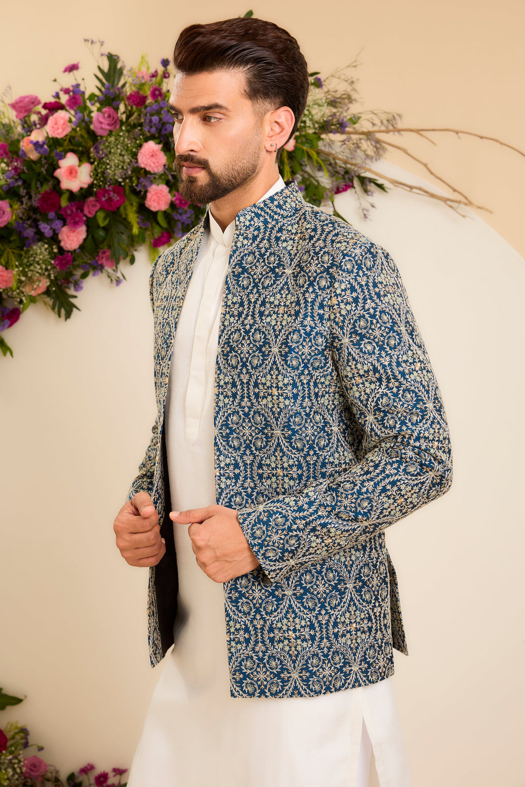 The Savoy — An Open-Front Bandhgala in Blue and Ivory