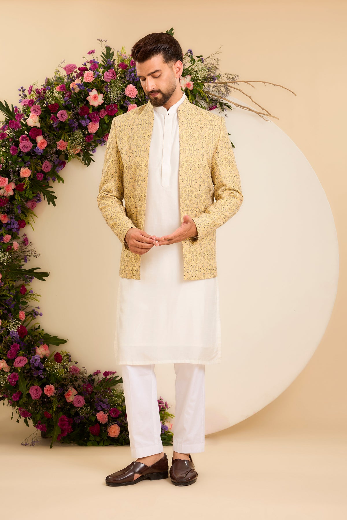The Savoy — An Open-Front Bandhgala in yellow, grey and Ivory