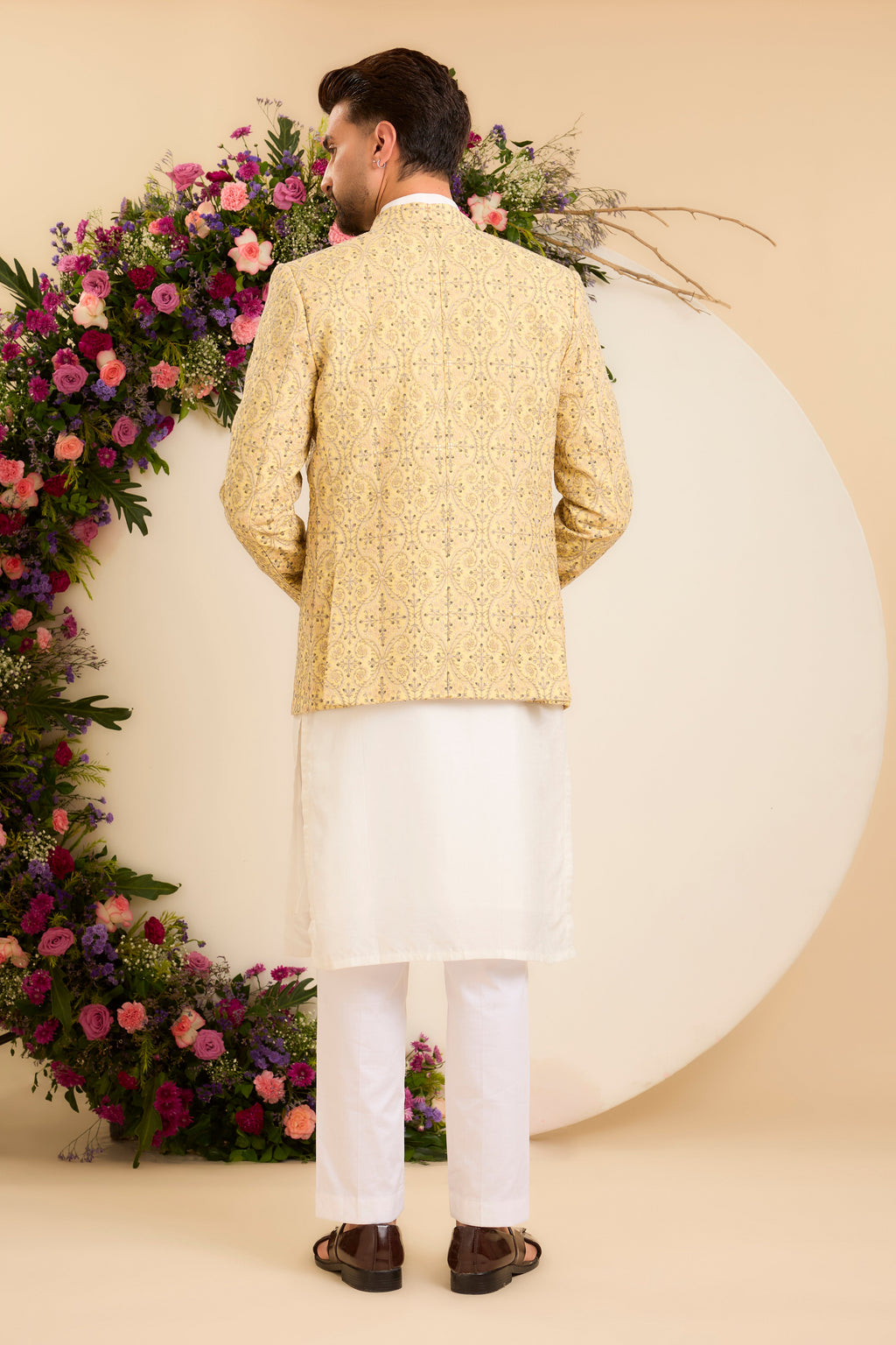 The Savoy — An Open-Front Bandhgala in yellow, grey and Ivory