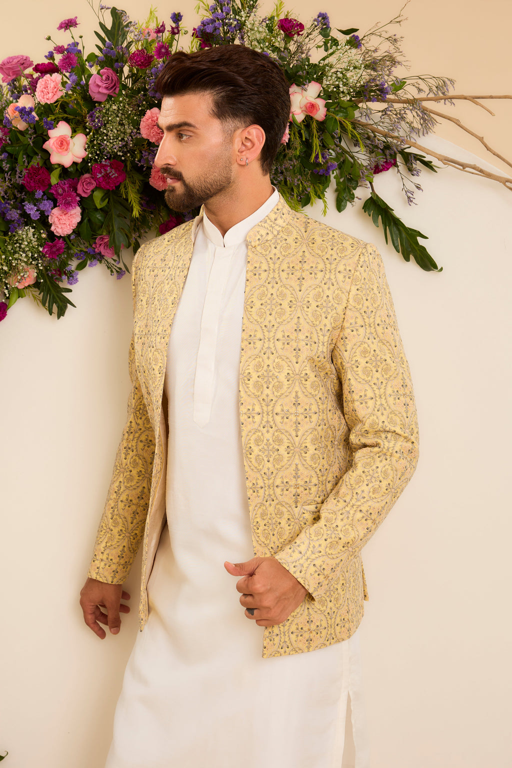 The Savoy — An Open-Front Bandhgala in yellow, grey and Ivory