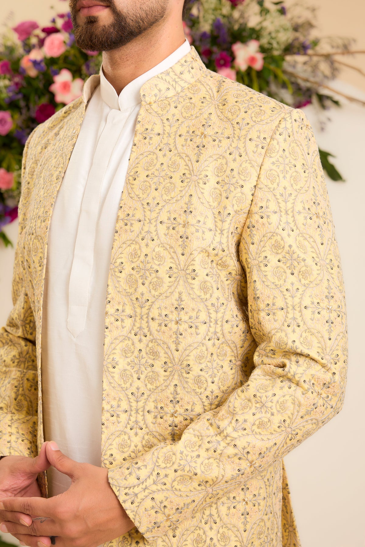 The Savoy — An Open-Front Bandhgala in yellow, grey and Ivory