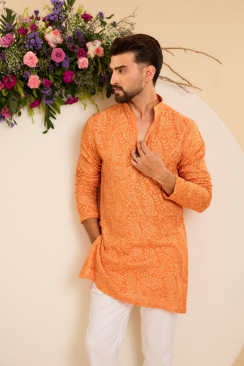 Orange Short chikankari Kurta with Intricate Paisley Embroidery