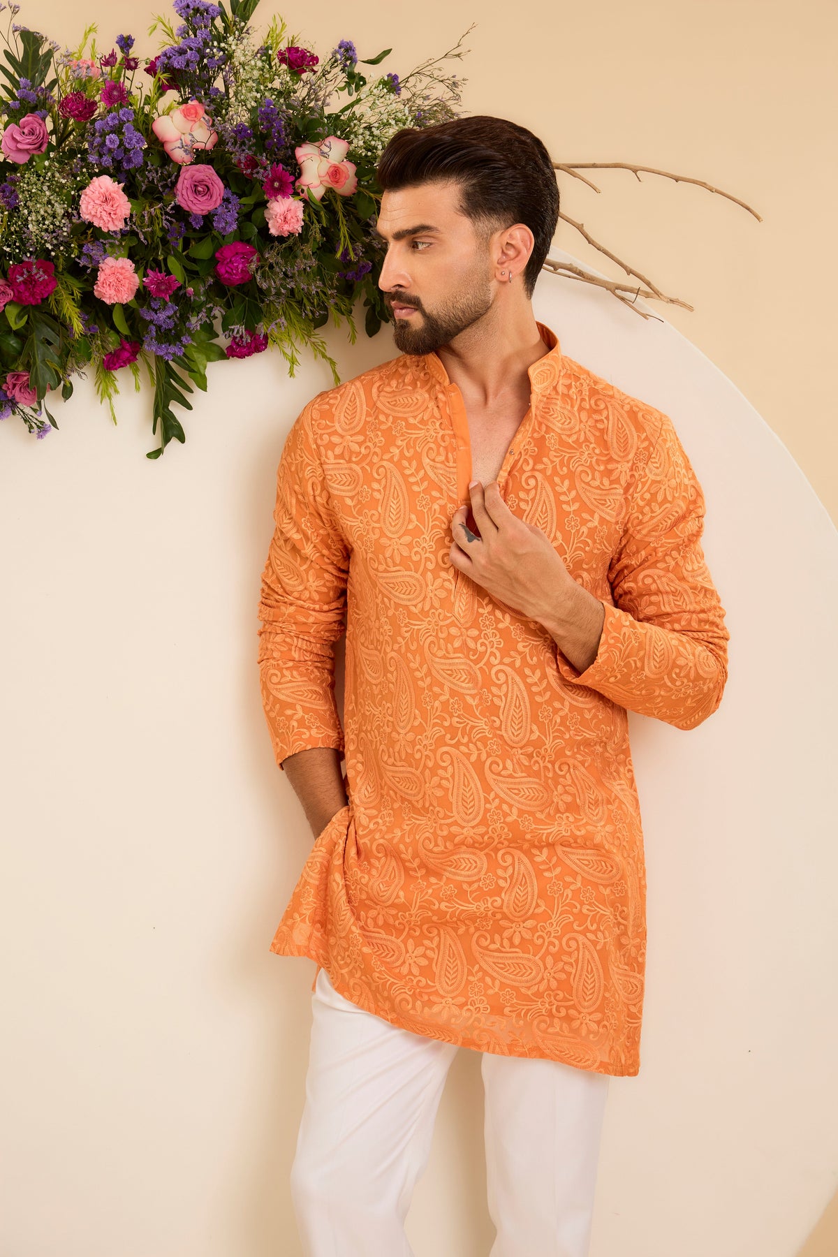 Orange Short chikankari Kurta with Intricate Paisley Embroidery