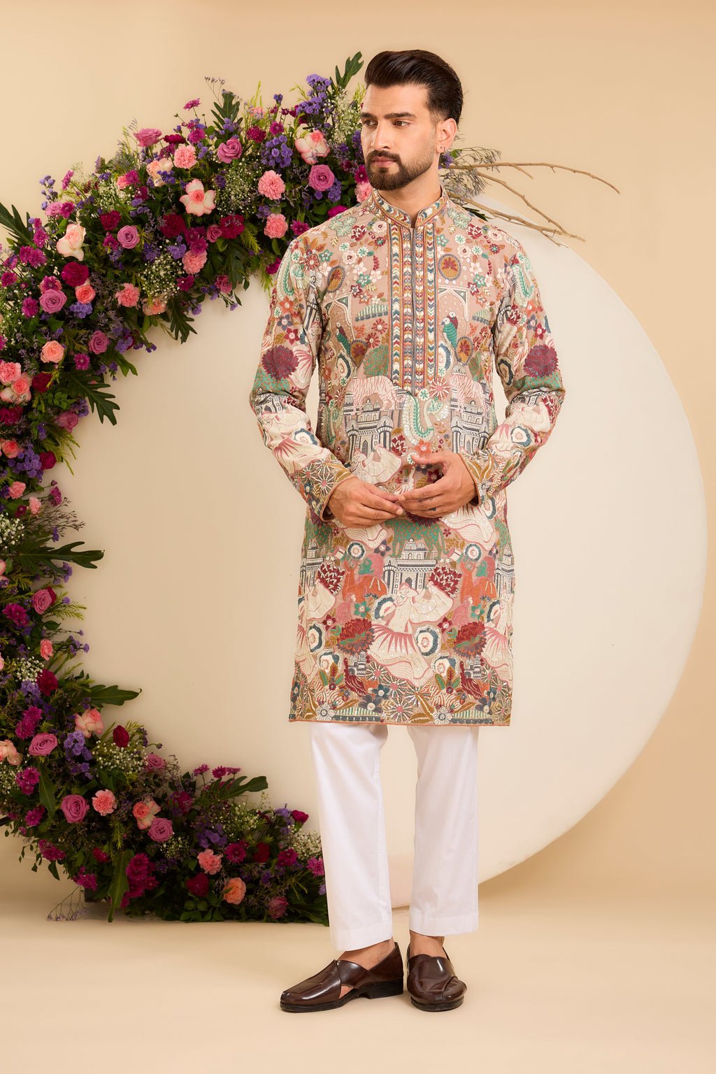 The Courtyard — A Mouse Grey Kurta Alive with Floral and Fauna Embroidery