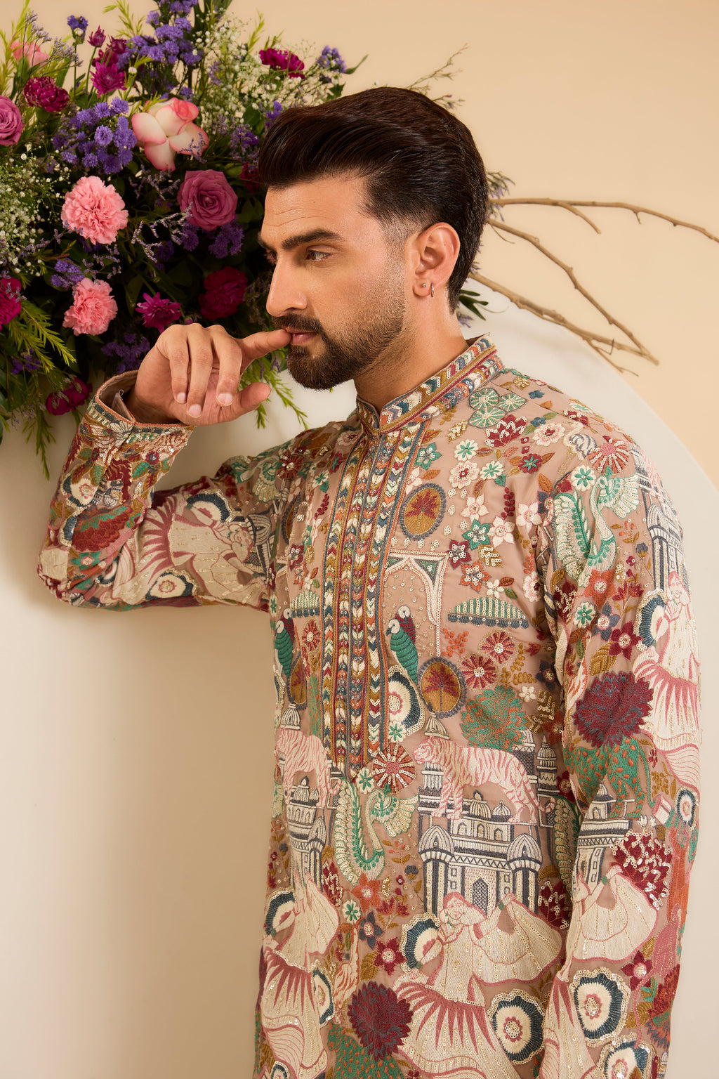 The Courtyard — A Mouse Grey Kurta Alive with Floral and Fauna Embroidery
