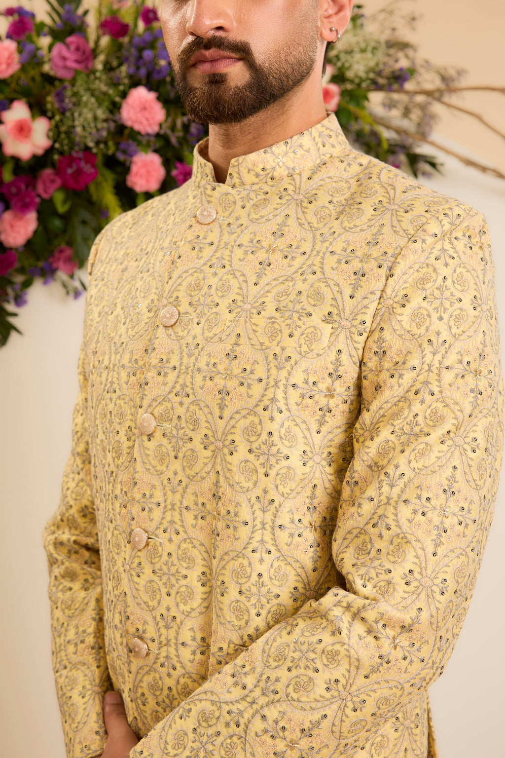 The Savoy —  Bandhgala in yellow, grey and Ivory
