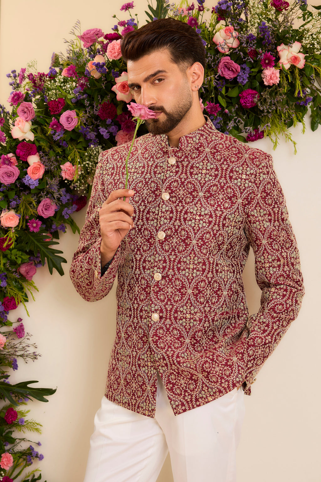 The Savoy —  Bandhgala in maroon and ivory