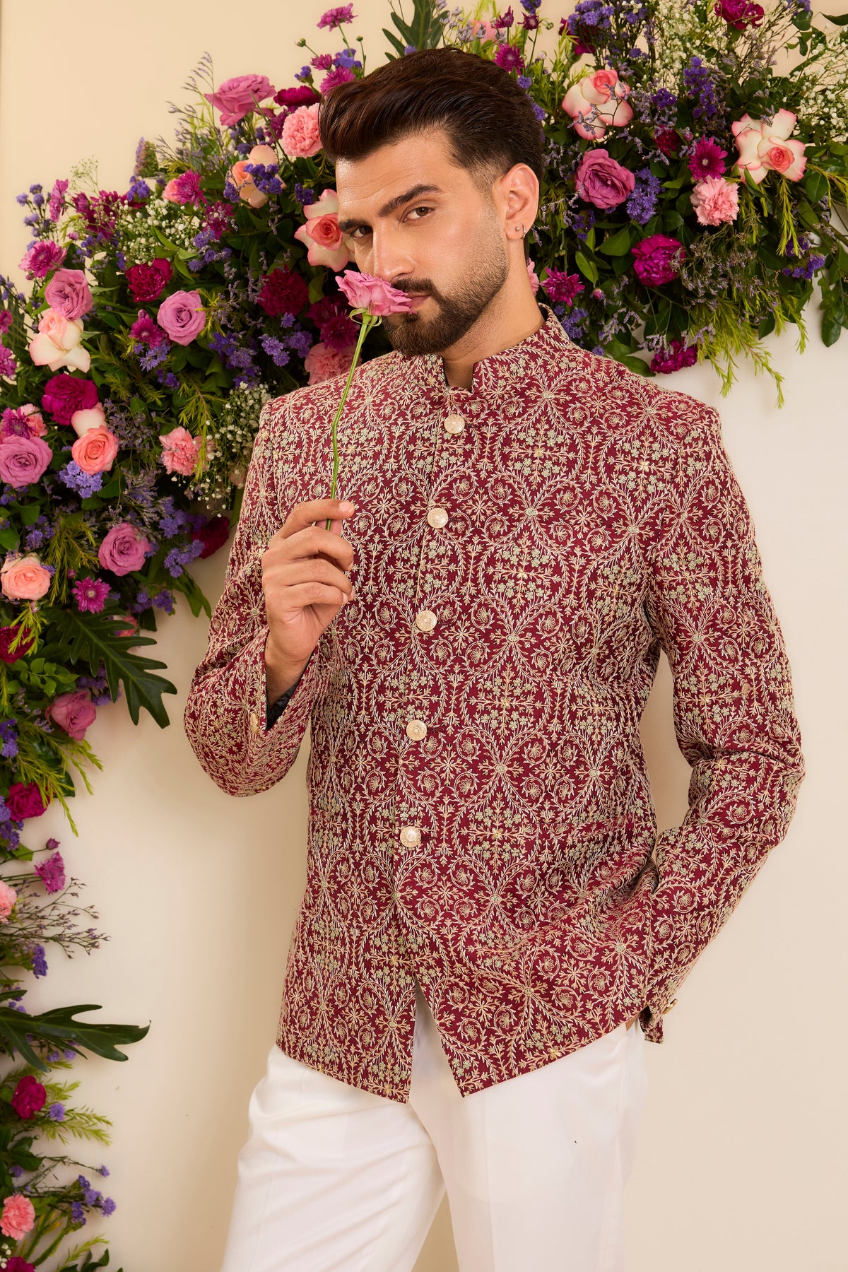 The Savoy —  Bandhgala in maroon and ivory