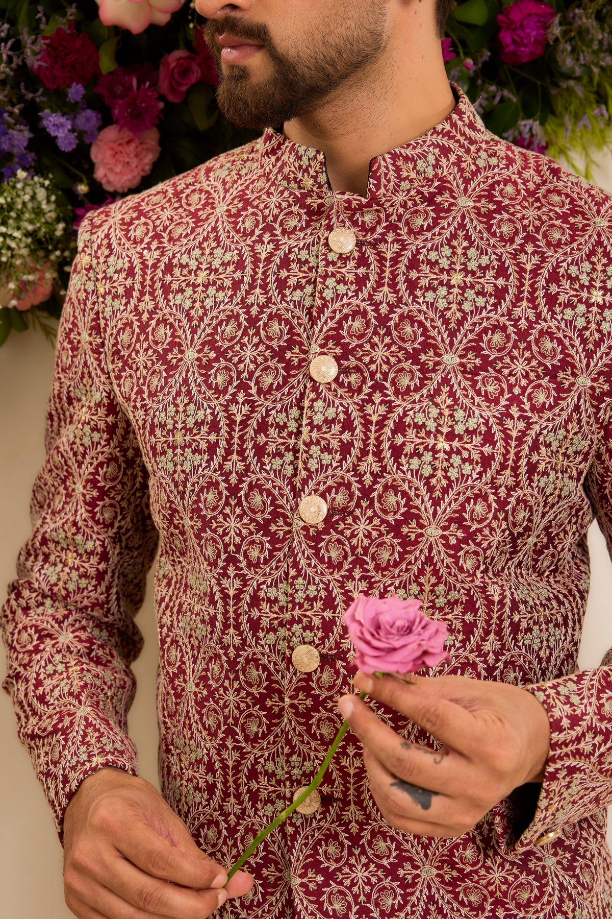 The Savoy —  Bandhgala in maroon and ivory