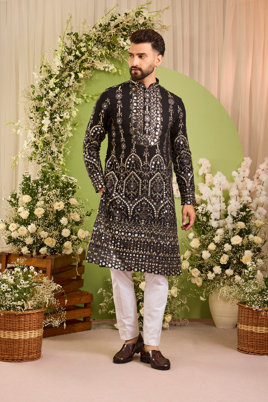 The Vale - A Black Kurta Richly Finished in Mirror-Look Work