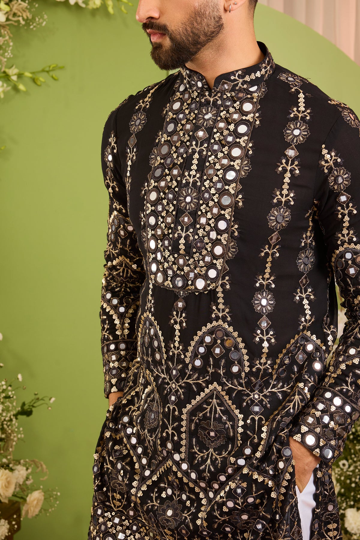 The Vale - A Black Kurta Richly Finished in Mirror-Look Work