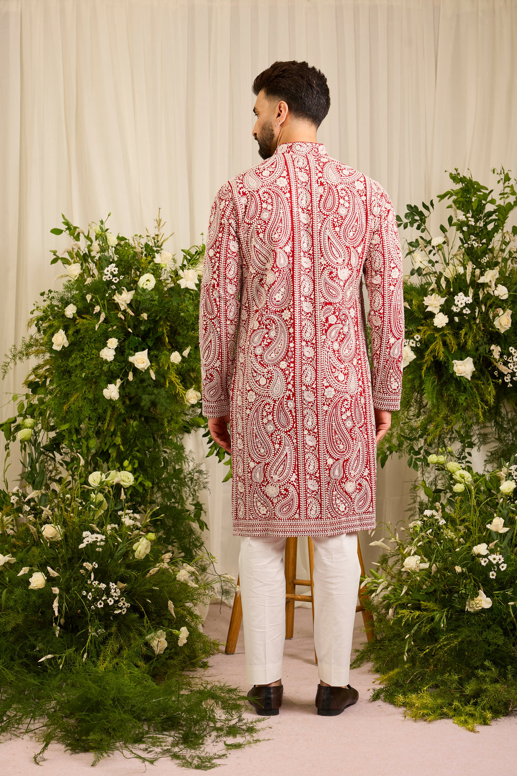 The Linden — Red short Chikankari Kurta Richly Embroidered in Ivory