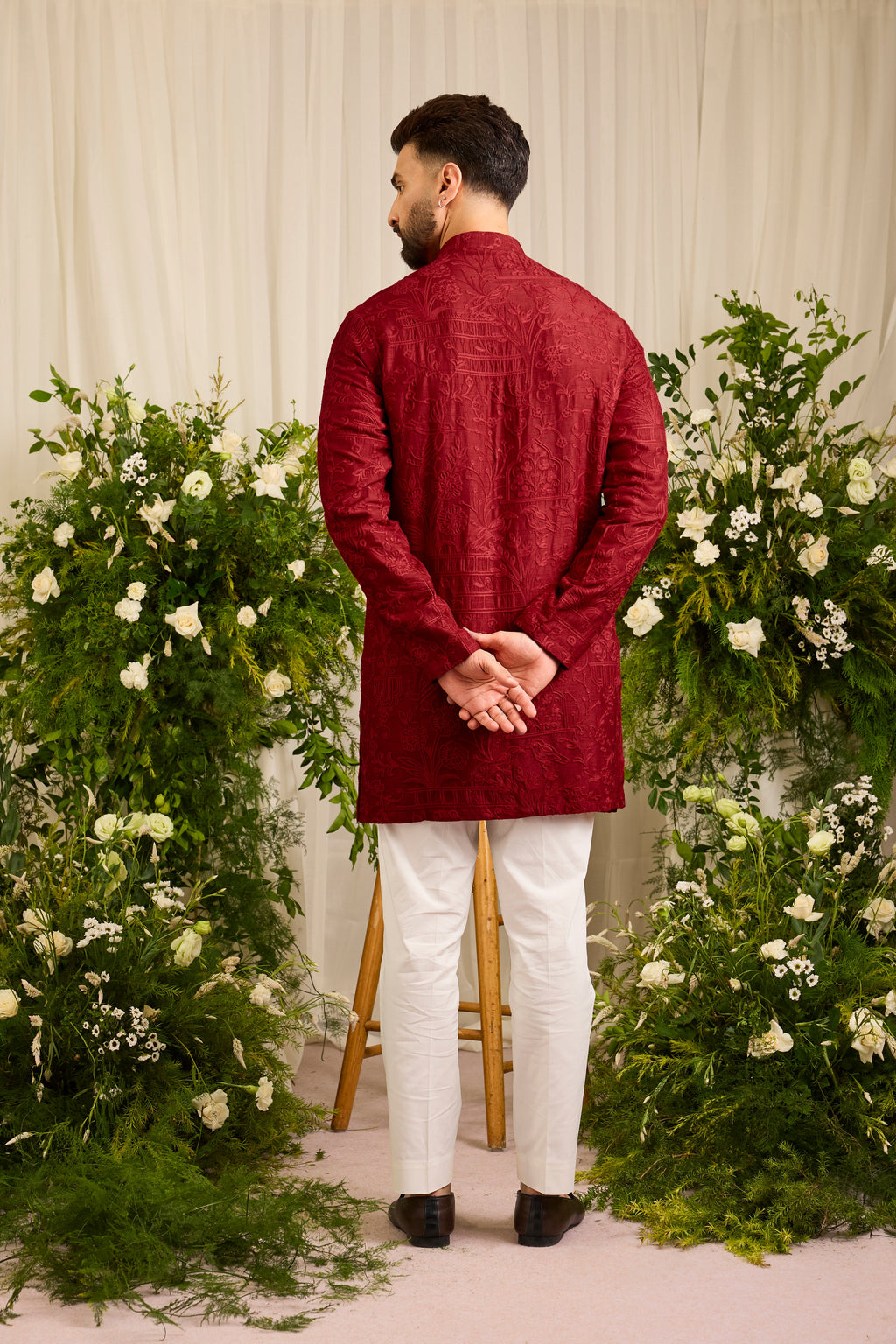 The Bastille — A Maroon short Kurta Draped in Mughal-Inspired Doori Work