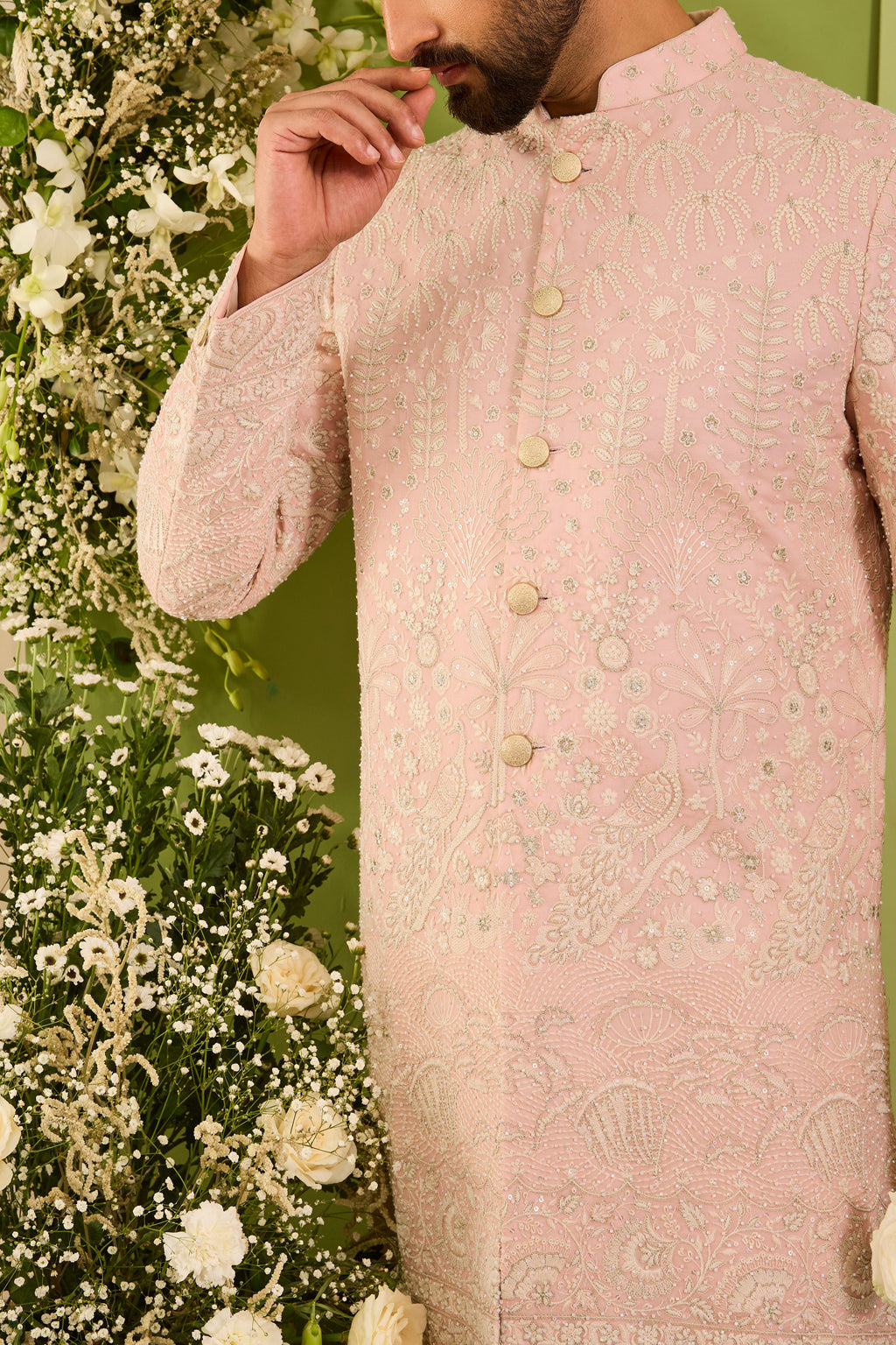 The Palais — A Pink Short Sherwani Richly Worked in Florals