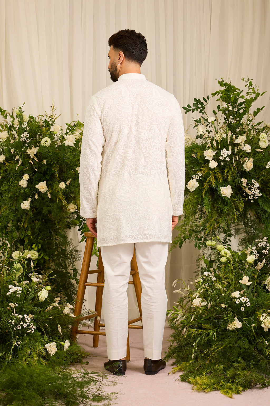 The Montaigne — A White paisley figured short Kurta in Tonal Ivory Embroidery