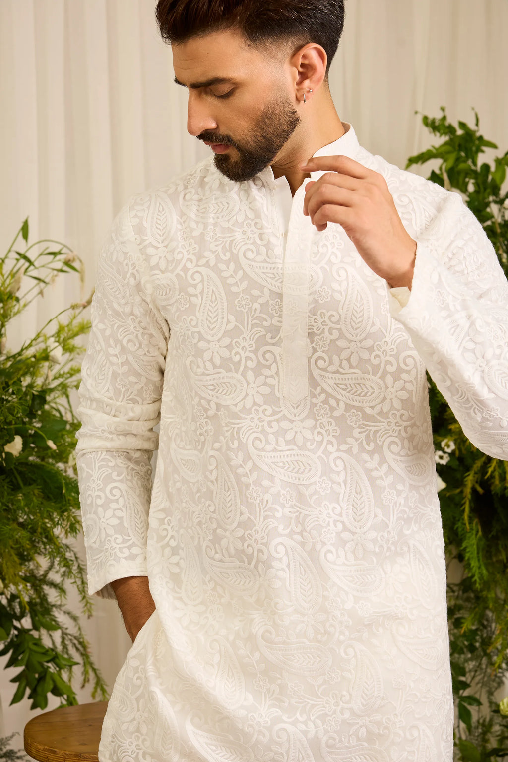 The Montaigne — A White paisley figured short Kurta in Tonal Ivory Embroidery