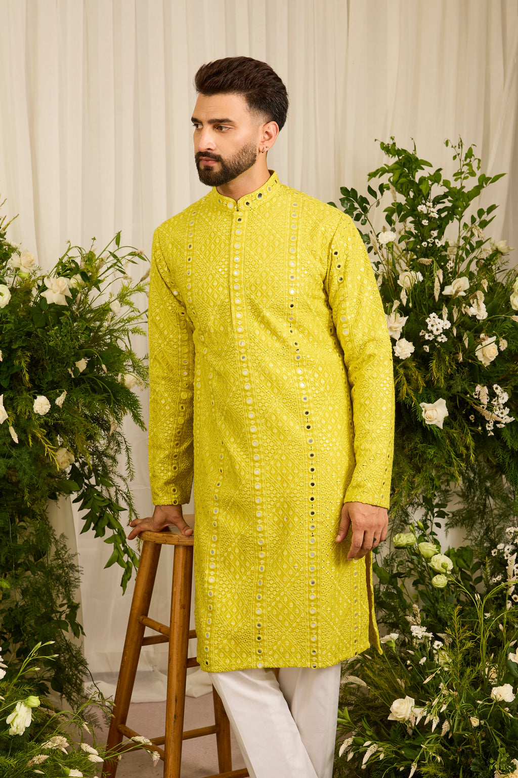Signature Neon yellow mirror work Kurta with Intricate Yellow Threadwork