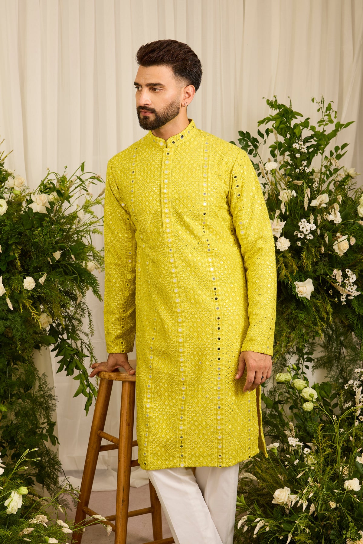 Signature Neon yellow mirror work Kurta with Intricate Yellow Threadwork