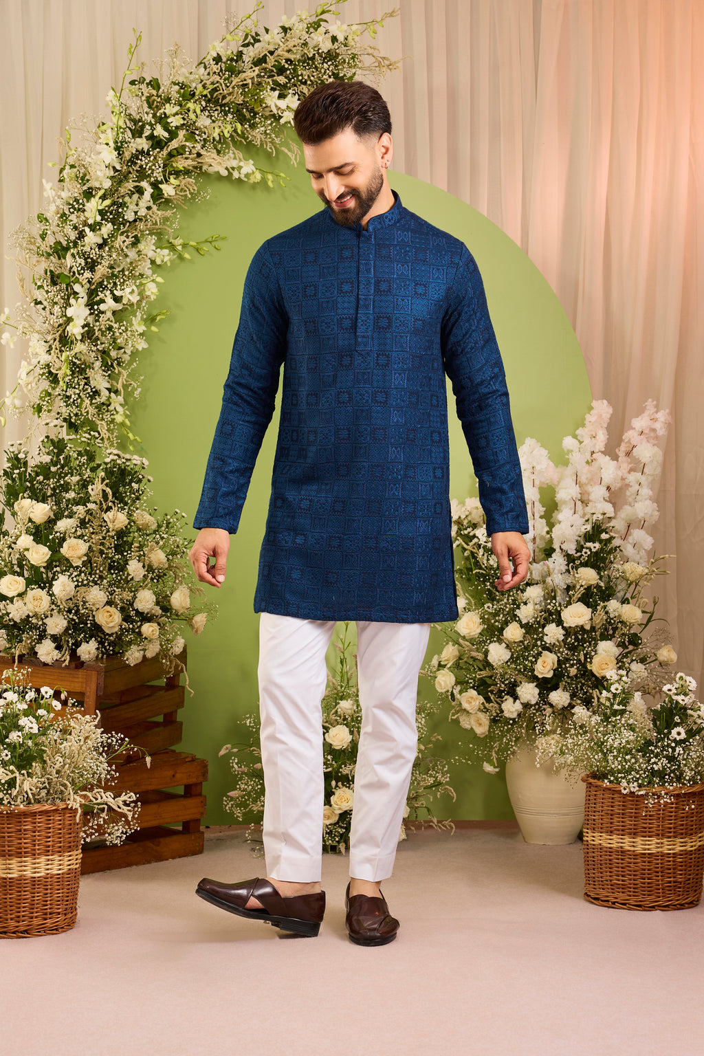 The moncler - A Classic Blue short Kurta Richly Worked in Thread