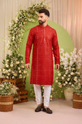 Signature Red mirror work Kurta with Intricate red Threadwork