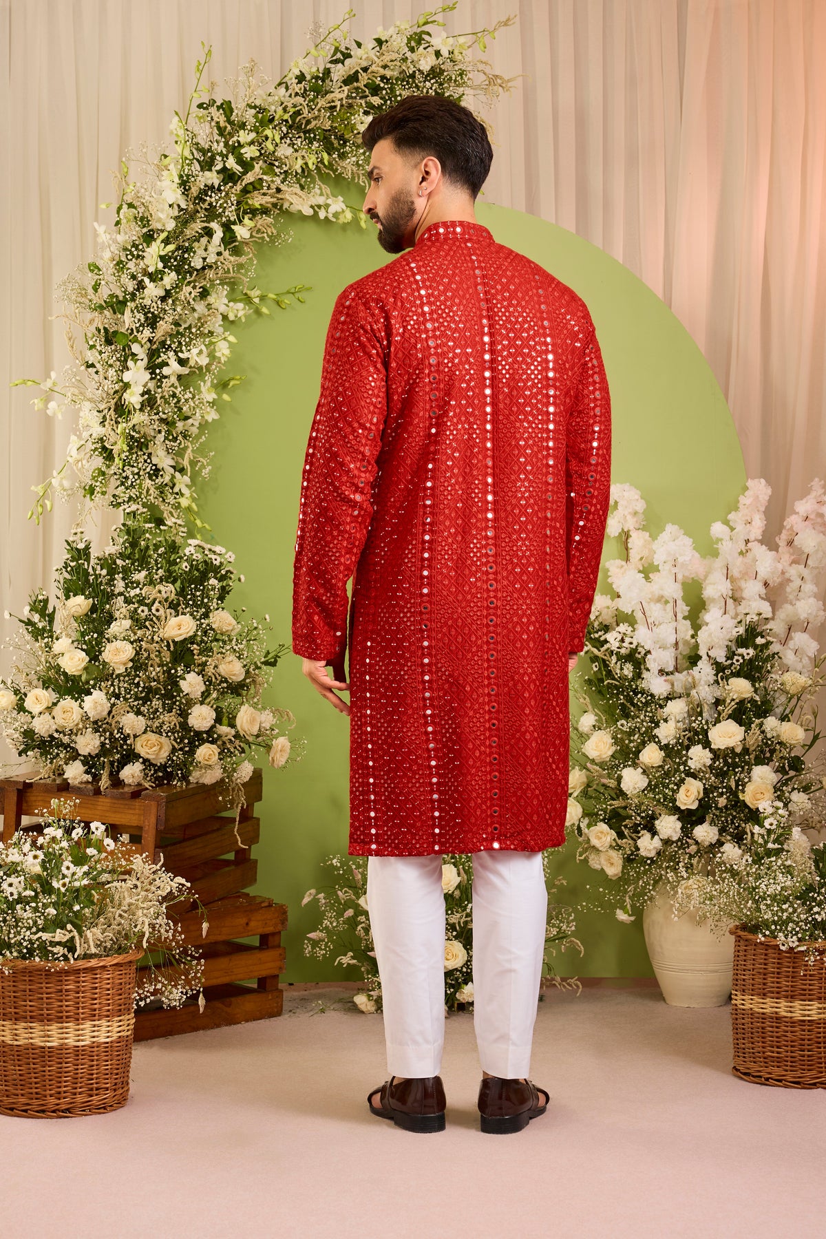 Signature Red mirror work Kurta with Intricate red Threadwork