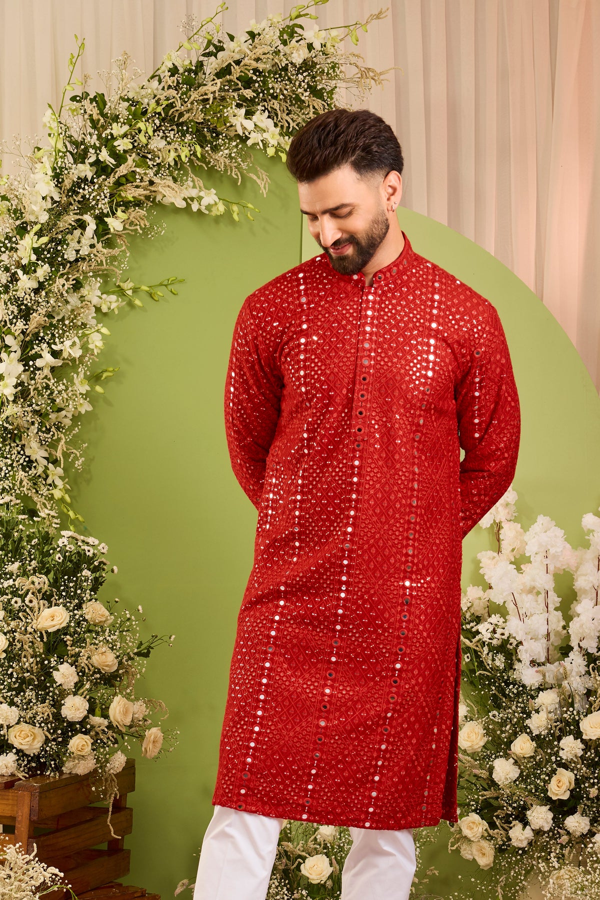 Signature Red mirror work Kurta with Intricate red Threadwork